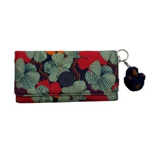 Kipling Floral Nylon Trifold Wallet Red Green Purple with Monkey Keychain
